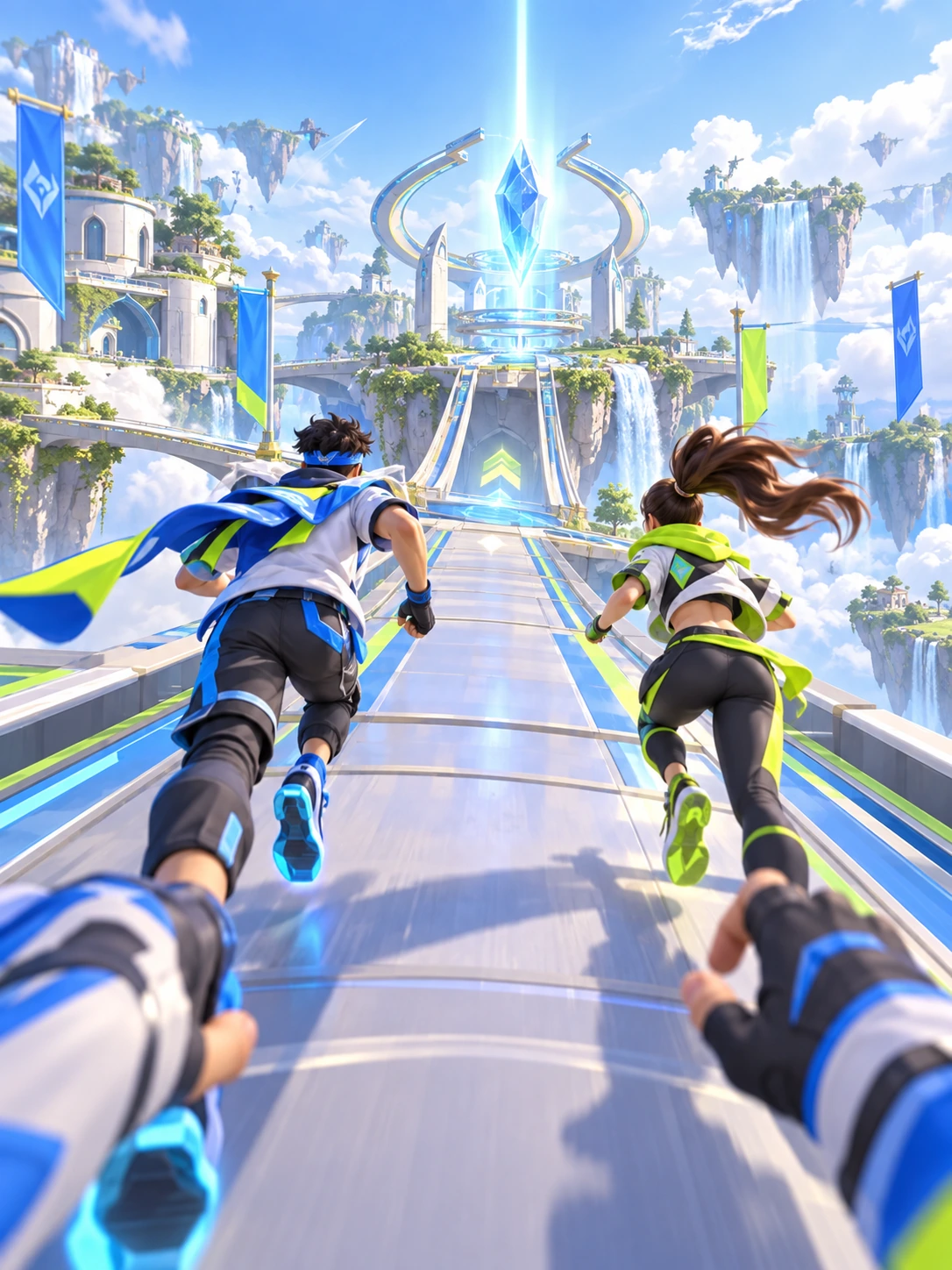 An original fictional cooperative game scene with teammates crossing a floating bridge