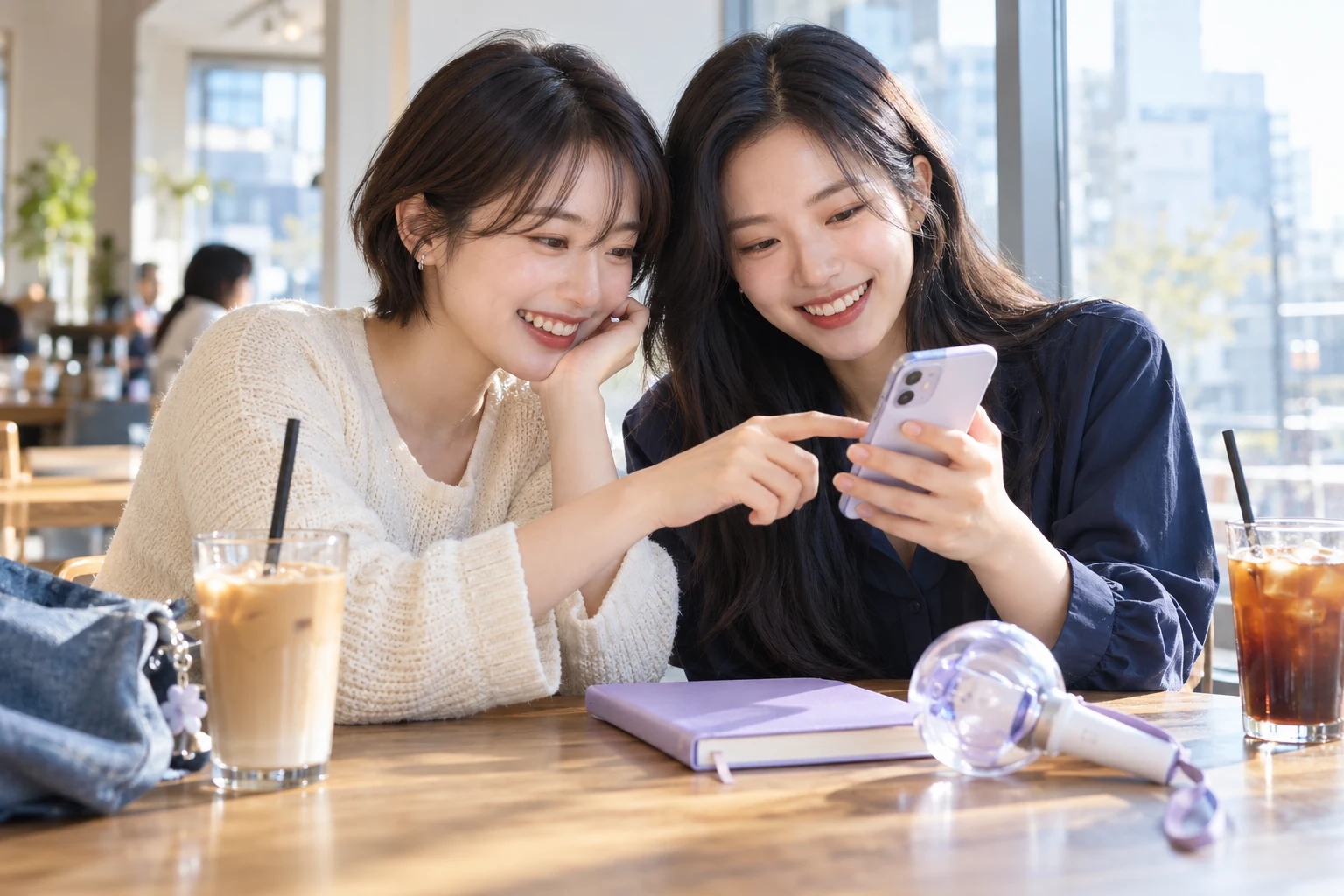 An illustrative scene of friends enjoying Korean culture together at a café